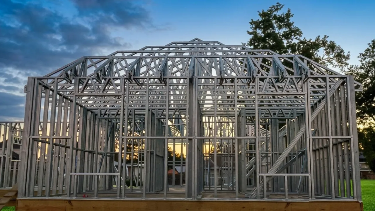 Cold-formed steel house frame with steel roof trusses at dusk