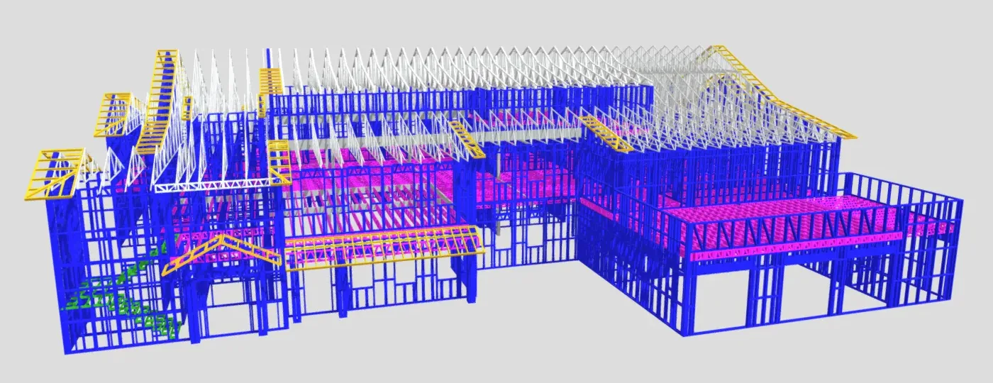 3D model of a building framed in cold-formed steel: walls, floor trusses and roof trusses